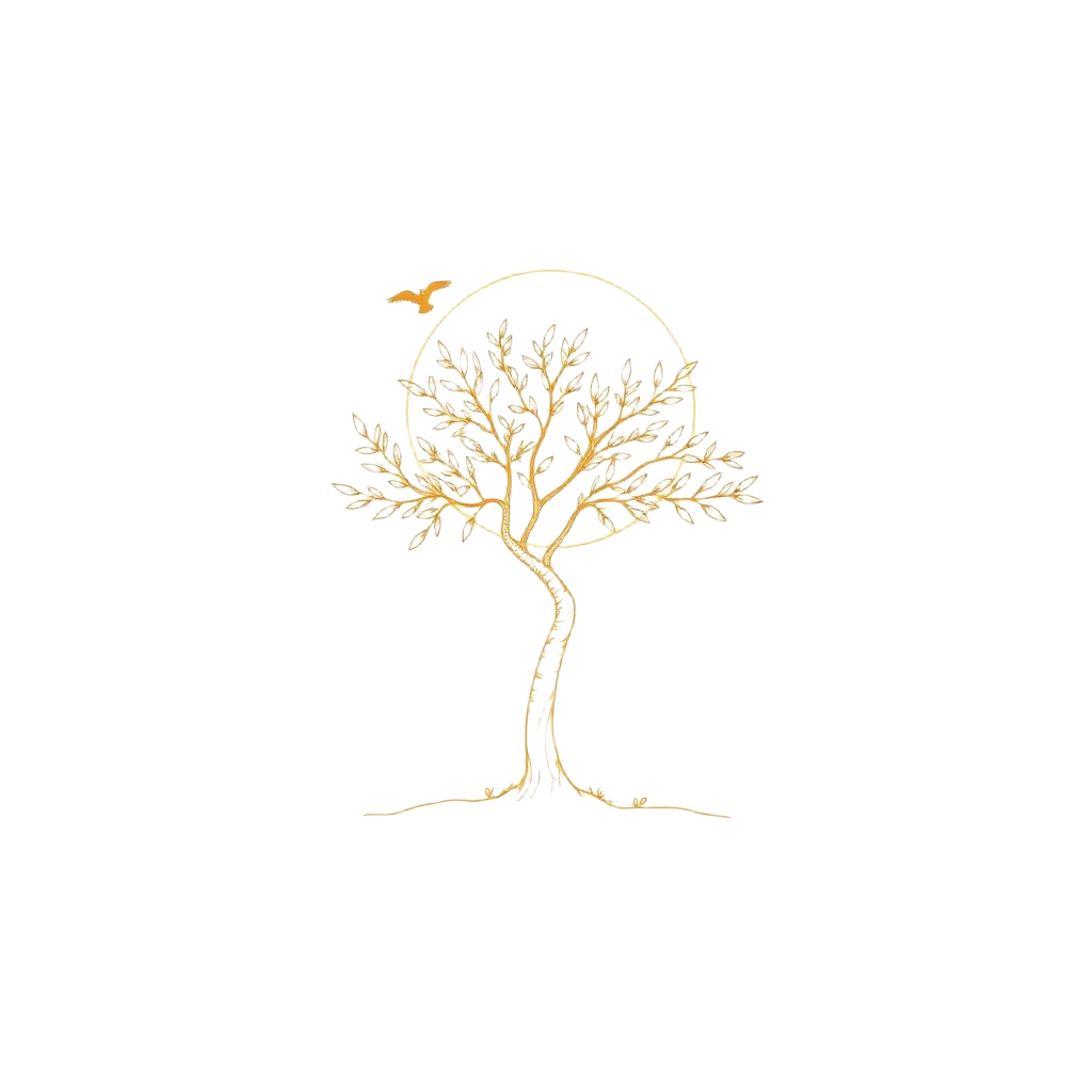 Line drawing of a tree with a bird and a rising sun