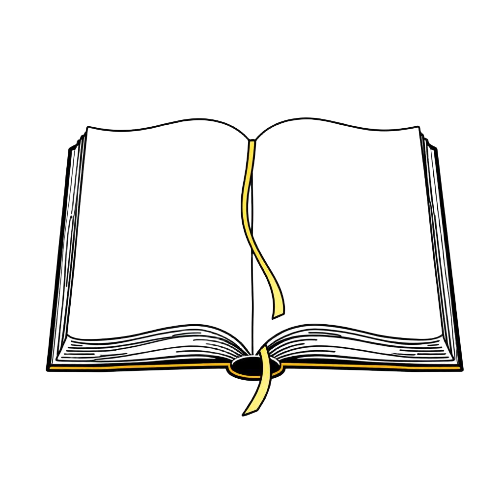 Line drawing of an open Bible with a ribbon bookmark